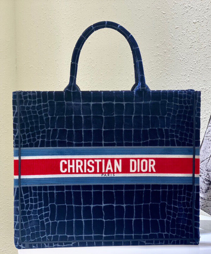 Christian Dior Book Tote Crocodile-Effect Embroidered Velvet Canvas Dark Blue